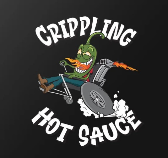 Crippling Hot Sauce brand logo. A cartoon caricature of a hot pepper in a wheelchair. 